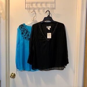 Lot 2 Sheer Embellished Silk Blouses / Tops - Bob Mackie 12 & Ralph Malcolm L